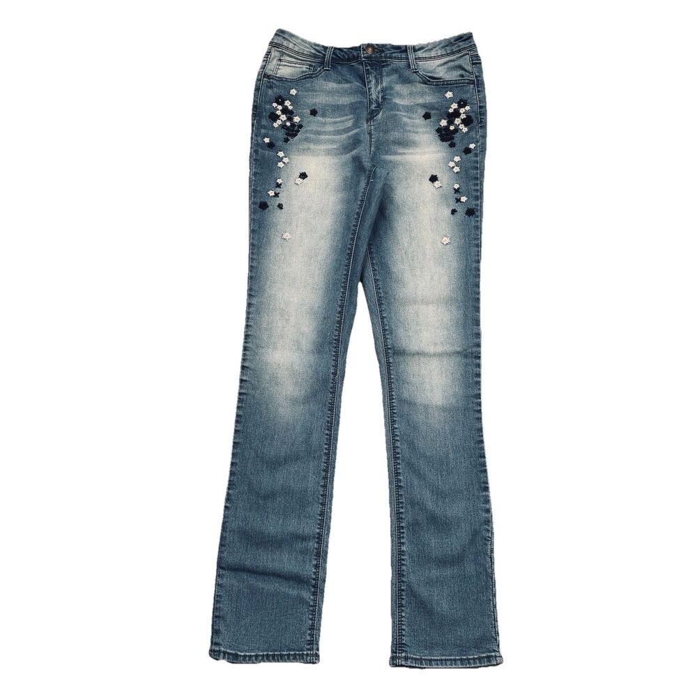 Black Daisy Kate Straight Leg Embroidered Jeans 5/27 (26x29) Blue Stretch Womens